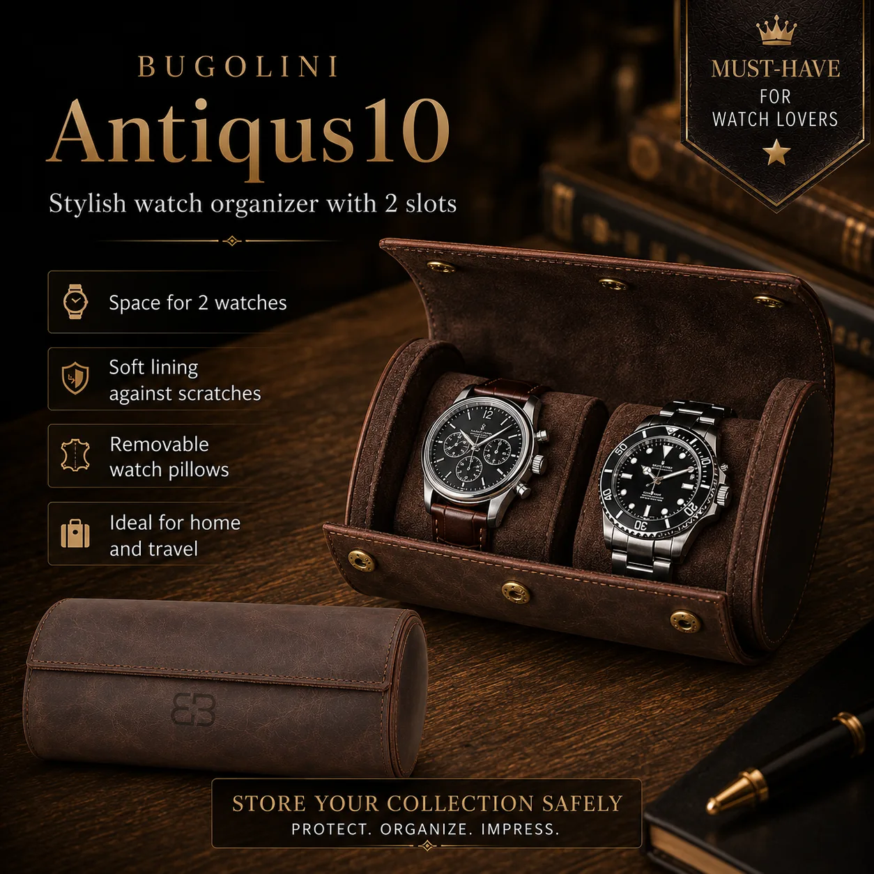 BUGOLINI ANTIQUS10 - Double Watch Holder - Leather Watch Holder with Button Closure - Suitable for 2 Watches - Image 3