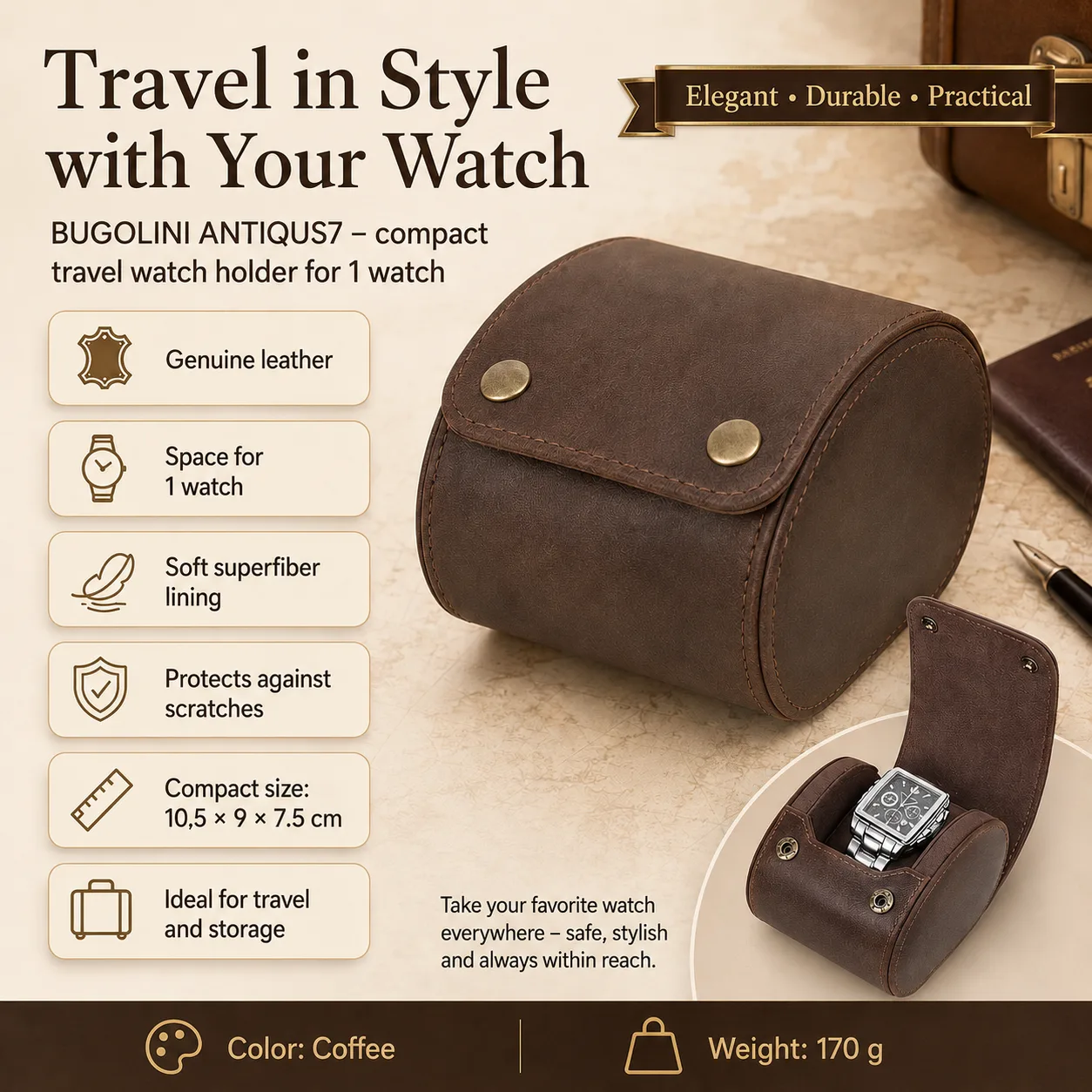 BUGOLINI ANTIQUS7 – 1 Slots Leather Watch Holder With Button Clasp - Retro Watch Holder - Genuine Leather - Coffee - Image 2