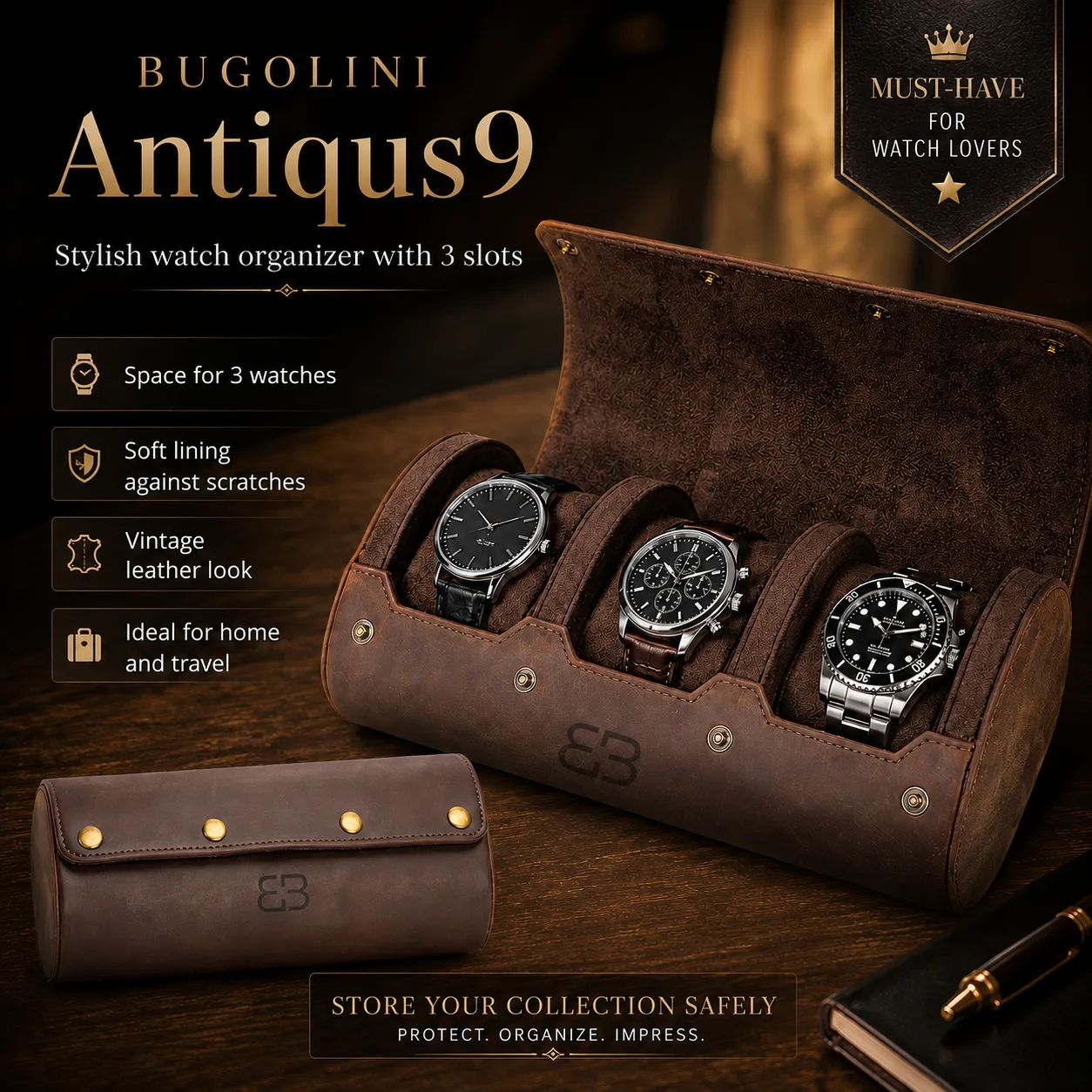 BUGOLINI ANTIQUS9 – Lederen horlogehouder met 3 vakken en knoopsluiting - Retro horlogehouder - Echt leer - Koffie - Afbeelding 3