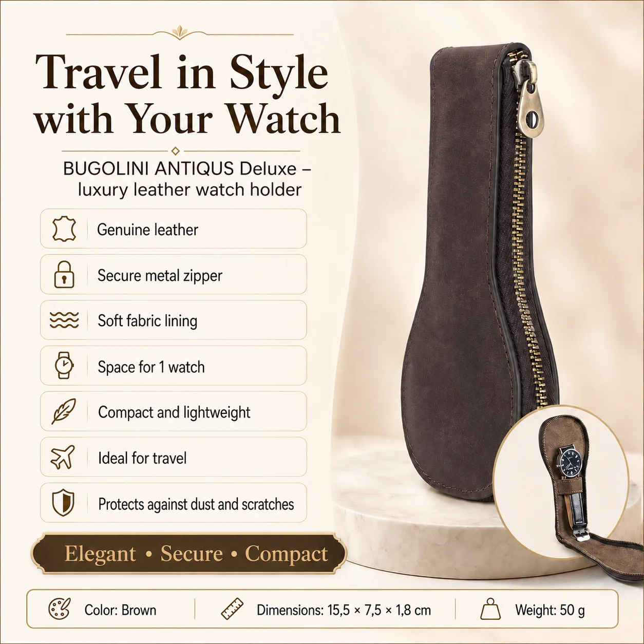 BUGOLINI ANTIQUS Deluxe - Real Leather Watch Holder with Metal Zipper - 1 Slot - Image 2