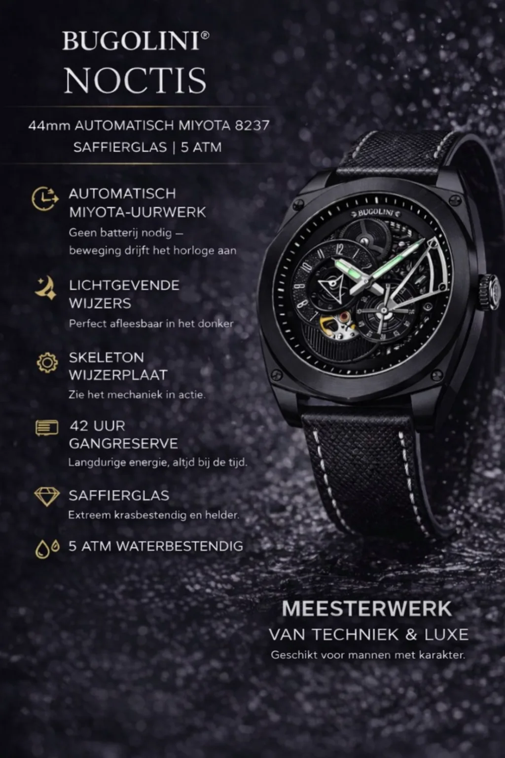 BUGOLINI NOCTIS - Steel Automatic Watch - Mechanical Miyota Movement - Luminous - Waterproof - Turning Bezel - Image 2