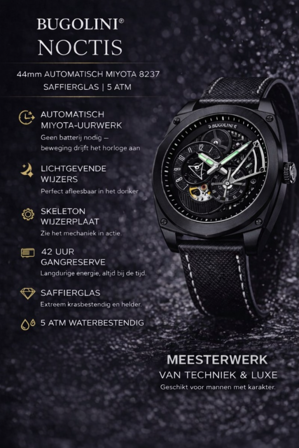 BUGOLINI NOCTIS - Stalen automatisch horloge - Mechanisch Miyota-uurwerk - Lichtgevend - Waterdicht - Draaibare lunette - Afbeelding 2