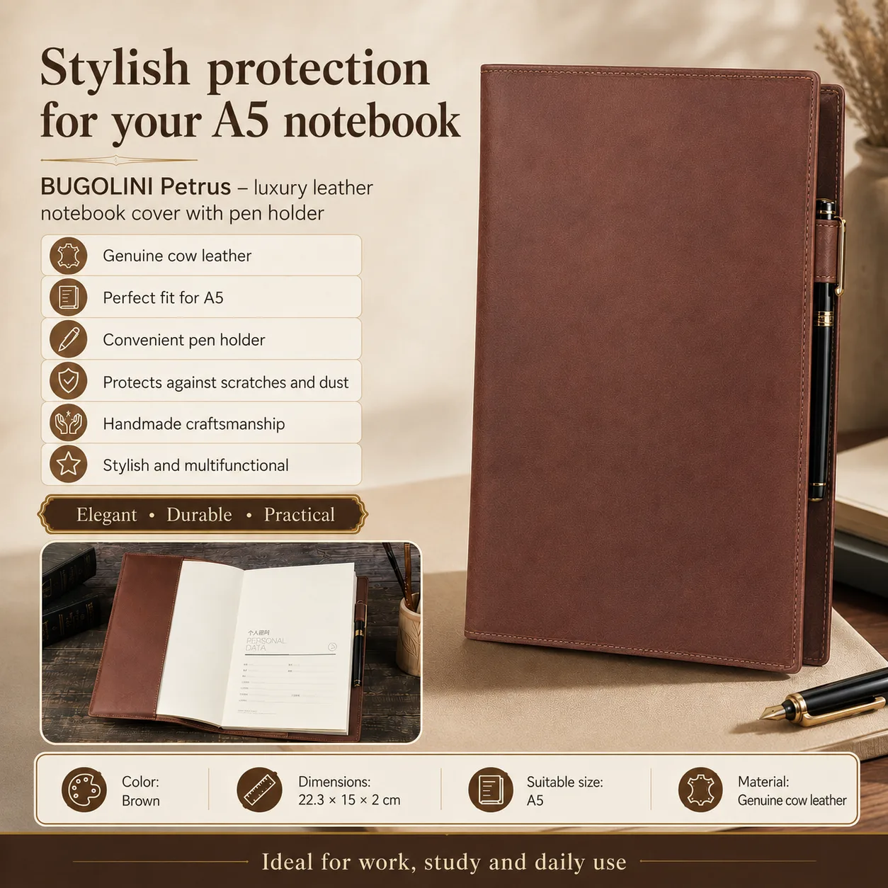 BUGOLINI Petrus – Estuche para libros de cuero A5 – Funda para cuaderno con portalápices – Marró - Imagen 2