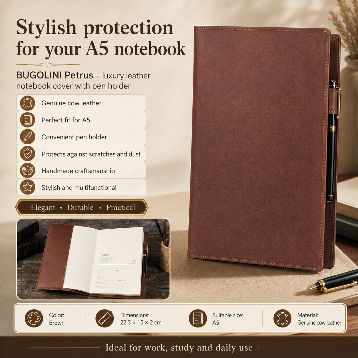 BUGOLINI Petrus – Estuche para libros de cuero A5 – Funda para cuaderno con portalápices – Marró - Imagen 2