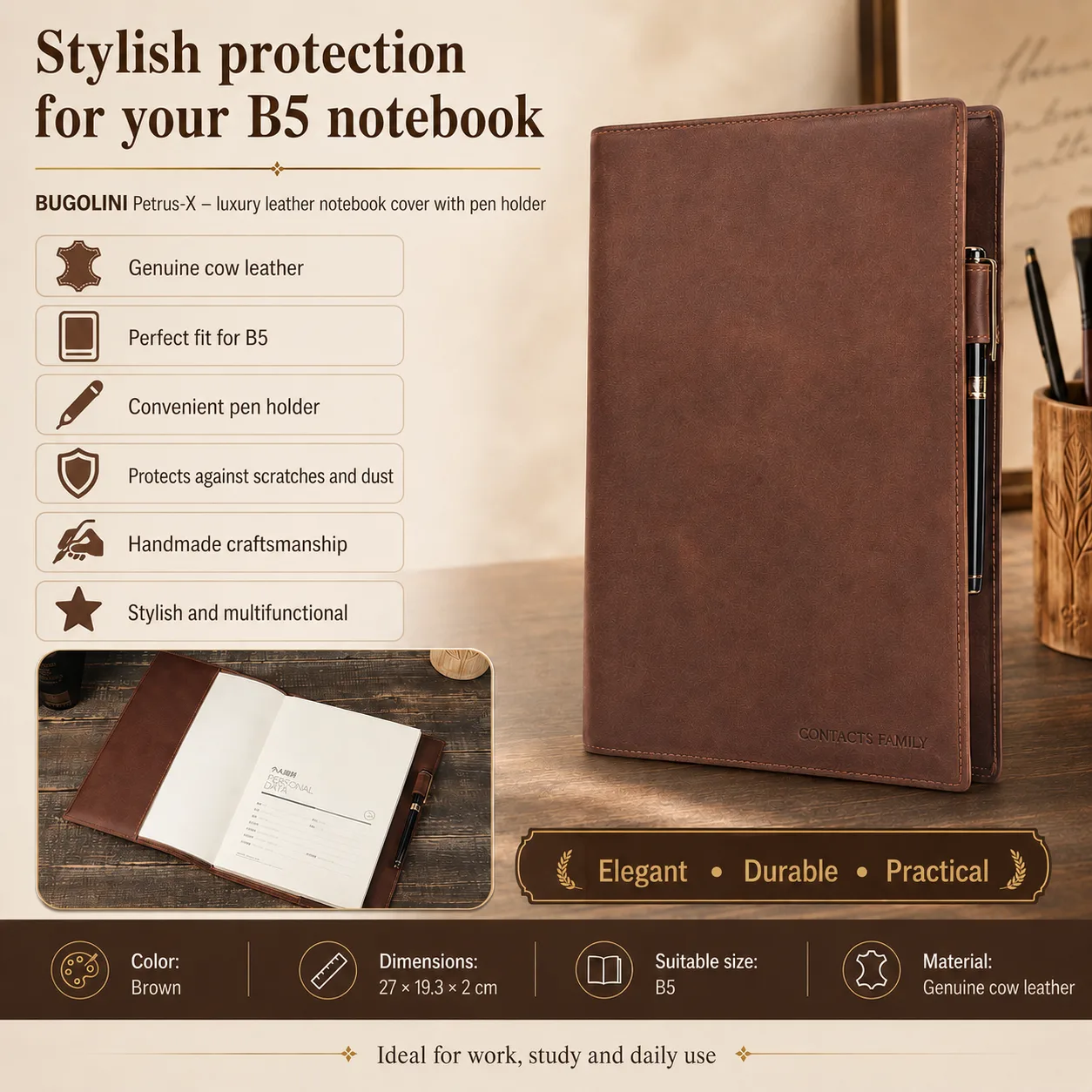 BUGOLINI Petrus-X - Leather Book Case - B5 Notebook Cover With Pencil Holder - Brown - Image 2