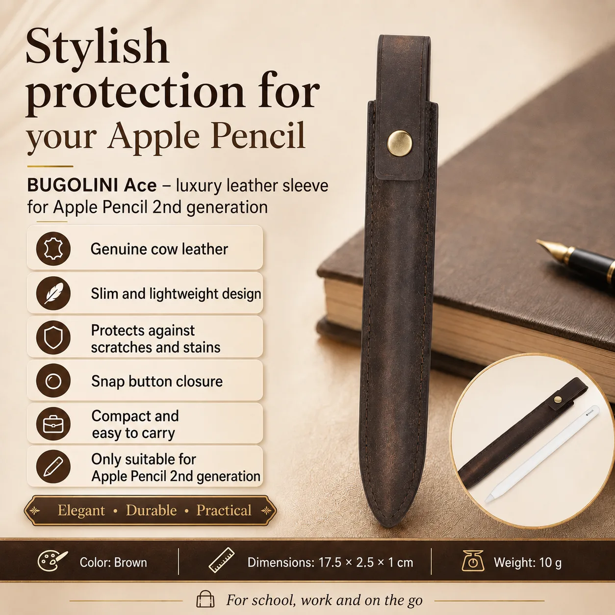 BUGOLINI Ace – Lederen Pencil Hoes – Stylus Penhouder – Geschikt Voor Apple Pencil 2nd Generation - Bruin - Image 2
