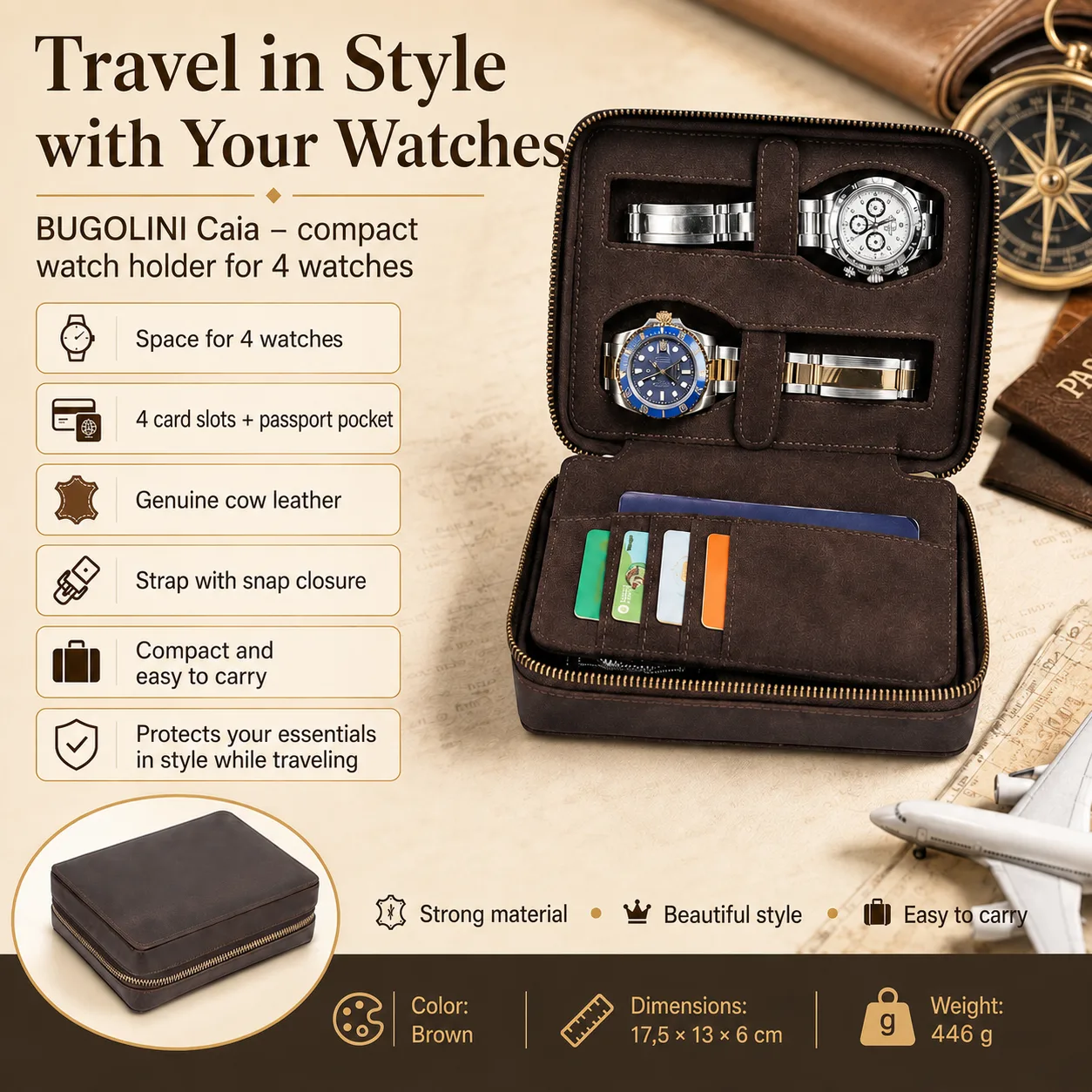 BUGOLINI Caia - Multifunctional Watch Holder - With Slots For 4 Cards And 1 Slot For Passport - Genuine Leather - Brown - Image 2