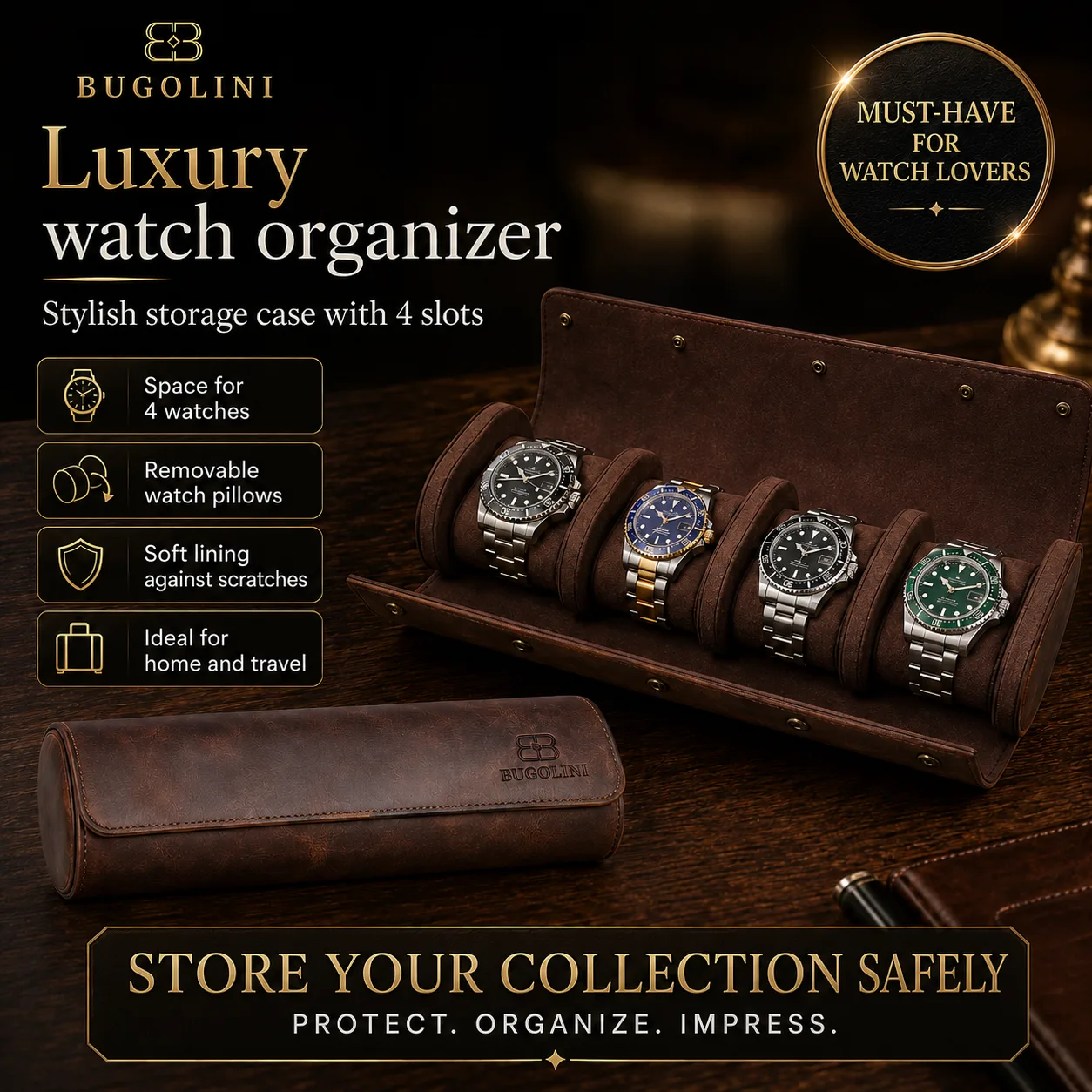 BUGOLINI ANTIQUSX - 4 Slots Leather Watch Holder With Button Closure - Retro Watch Holder - Genuine Leather - Coffee - Image 3