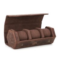 BUGOLINI Sasori-Y - 3 Slot Leather Watch Holder With Button Clasp - Retro Watch Holder - Genuine Leather - Coffee