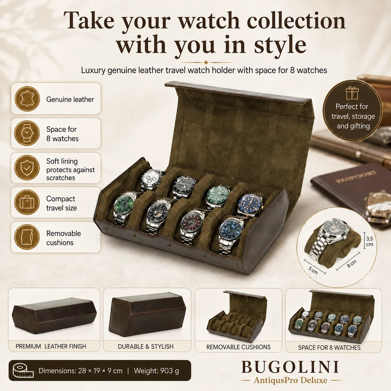 BUGOLINI AntiqusPro Deluxe - 8 Slot Leather Watch Holder With Button Clasp - Retro Watch Holder - Genuine Leather - Coffee - Image 8