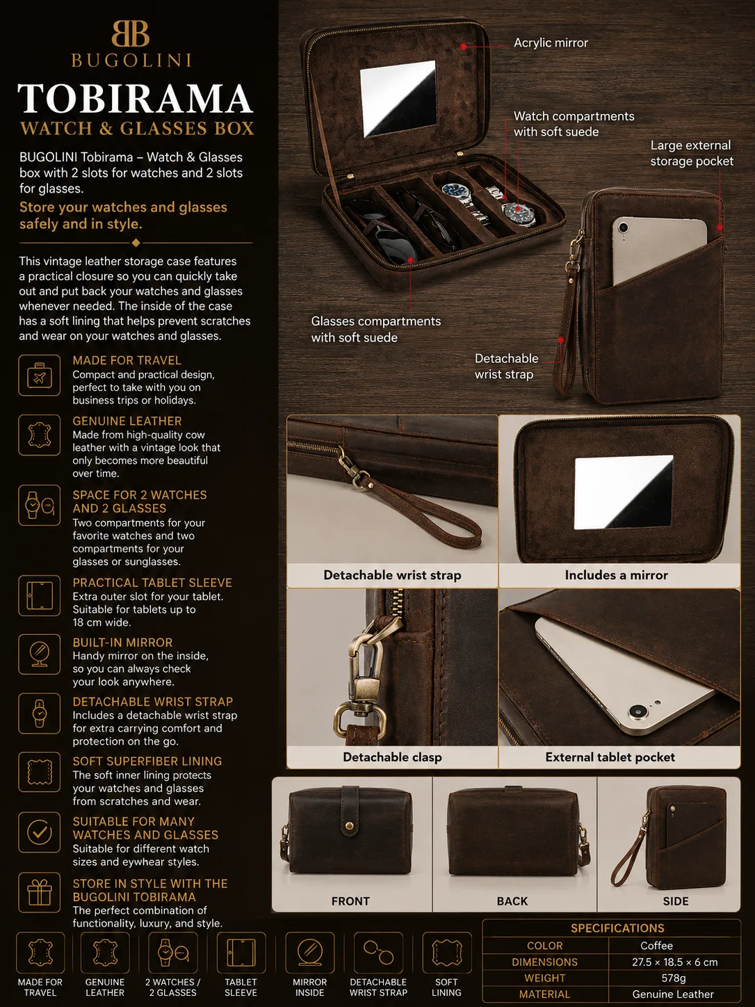 BUGOLINI Tobirama – Uhren- und Brillenhalter mit Reißverschluss – Retro-Uhren- und Brillenhalter – Echtleder mit integriertem Spiegel – Platz für 2 Uhren und 2 Brillen – Mit Tablet-Fach – Kaffee – Bild 2