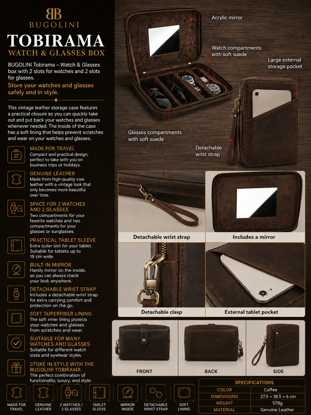 BUGOLINI Tobirama - Estuche para relojes y gafas con cremallera - Estuche retro para relojes y gafas - Cuero auténtico con espejo incorporado - Apto para 2 relojes y 2 gafas - Con ranura para tablet - Café - Imagen 2