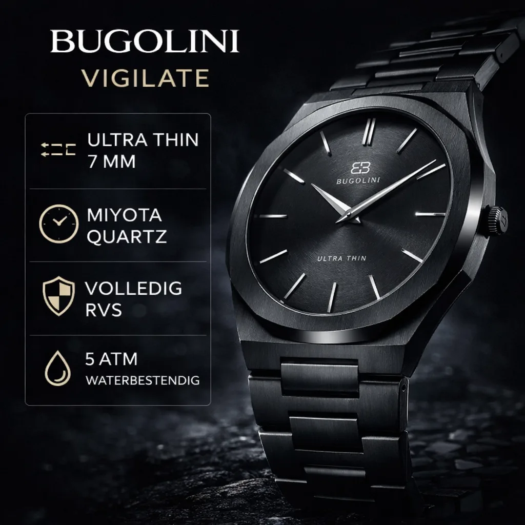 BUGOLINI Vigilate -  7mm Steel Watch - Quartz Japanese MIYOTA Quartz Movement - Waterproof - Shortenable Steel Strap - Black - Image 6