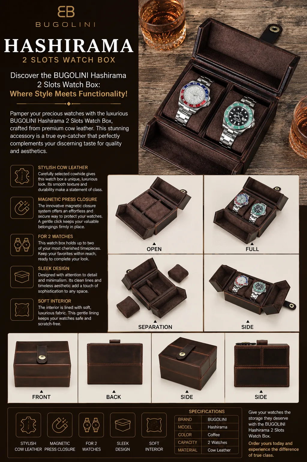 BUGOLINI Hashirama – Estuche de cuero para relojes – Con capacidad para 3 relojes – Elegante – Cierre magnético - Café - Imagen 2