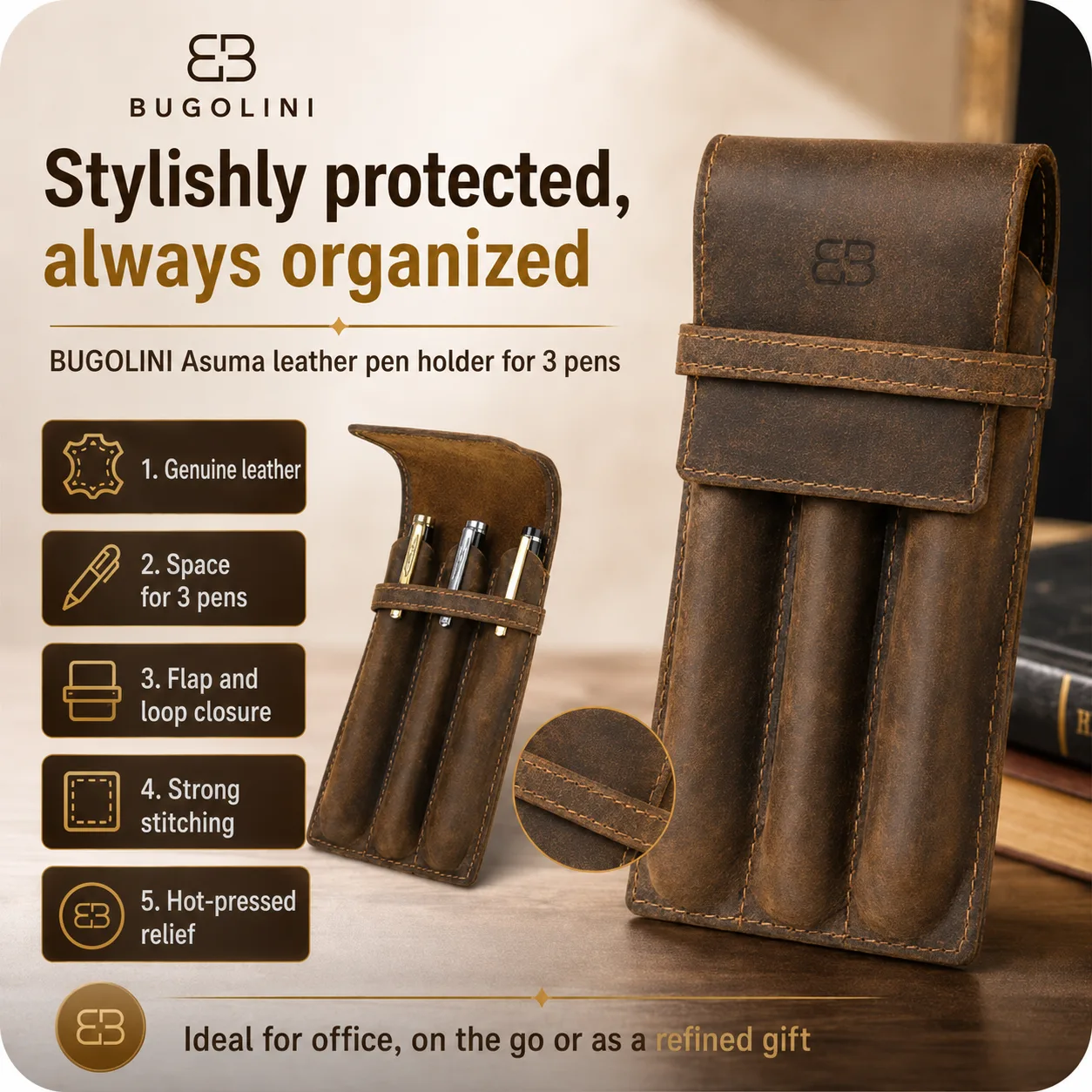 BUGOLINI Asuma - Portalápices de cuero para tres bolígrafos - Cuero vacuno - Accesorios para bolígrafos - Diseño elegante - Café - Imagen 2