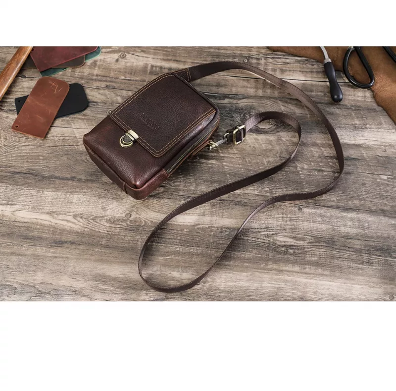 BUGOLINI Tyranus - Leather Men's Phone Bag with Shoulder Strap - For Phones Up to 6.7 Inch - Adjustable and Detachable Strap - Zipper and Magnetic Closure - 3 Pockets - Coffee - Image 11