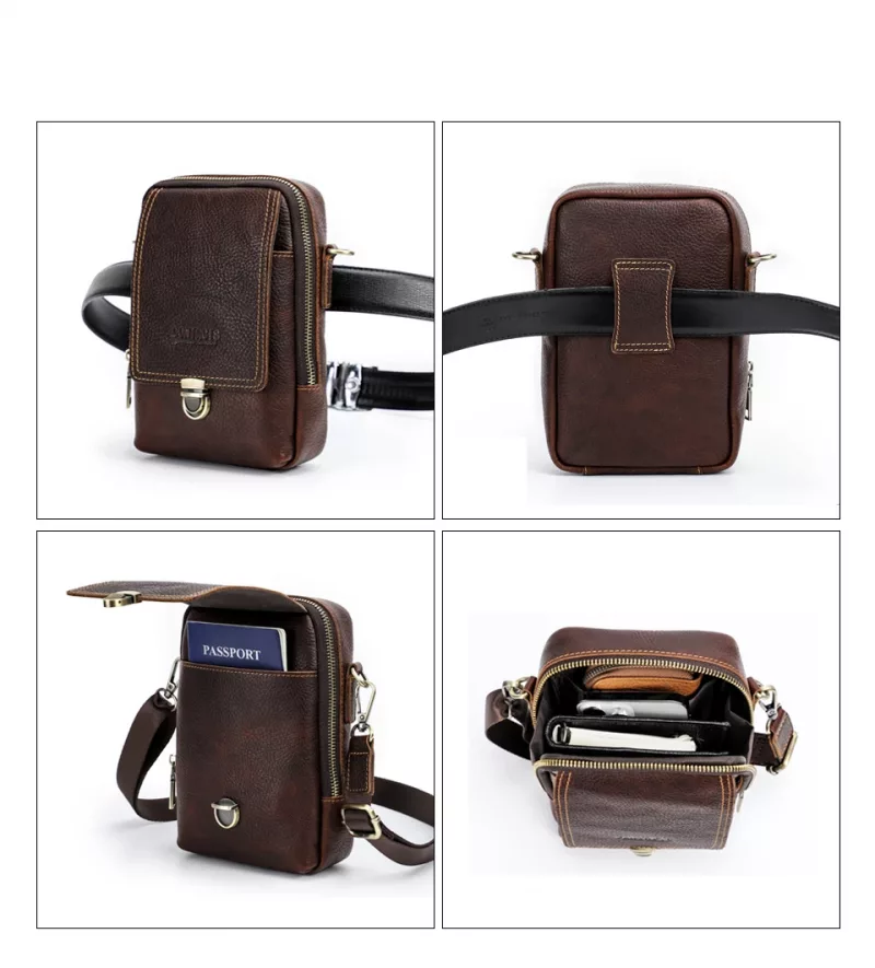 BUGOLINI Tyranus - Leather Men's Phone Bag with Shoulder Strap - For Phones Up to 6.7 Inch - Adjustable and Detachable Strap - Zipper and Magnetic Closure - 3 Pockets - Coffee - Image 13