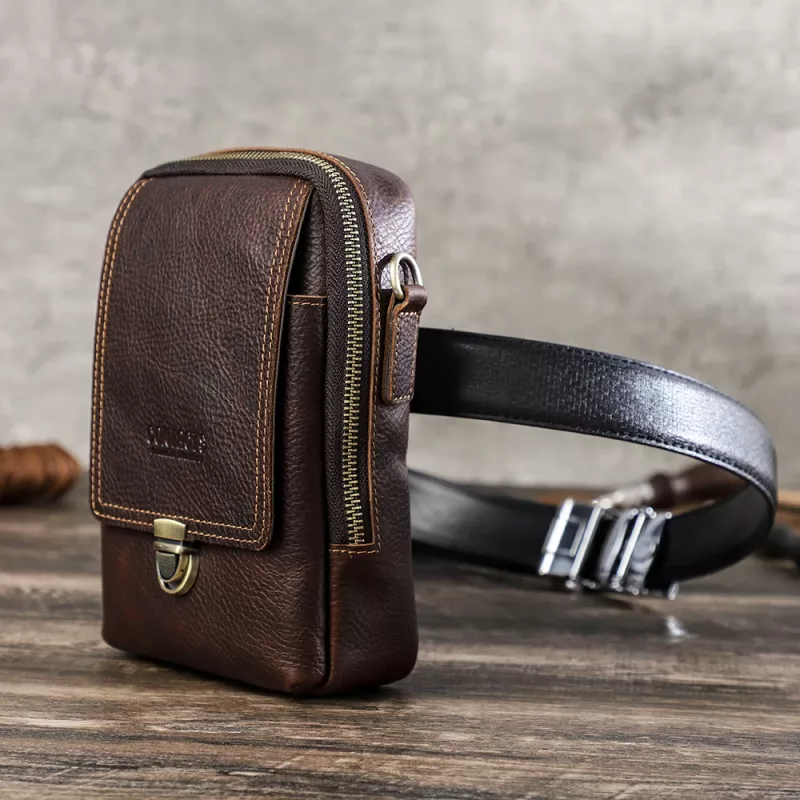 BUGOLINI Tyranus - Leather Men's Phone Bag with Shoulder Strap - For Phones Up to 6.7 Inch - Adjustable and Detachable Strap - Zipper and Magnetic Closure - 3 Pockets - Coffee - Image 4