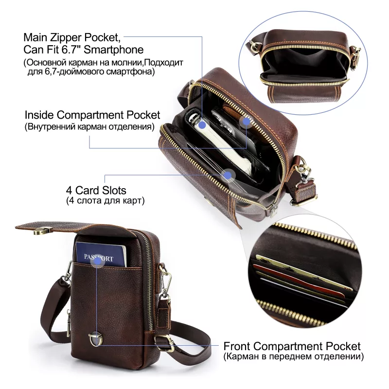 BUGOLINI Tyranus - Leather Men's Phone Bag with Shoulder Strap - For Phones Up to 6.7 Inch - Adjustable and Detachable Strap - Zipper and Magnetic Closure - 3 Pockets - Coffee - Image 6