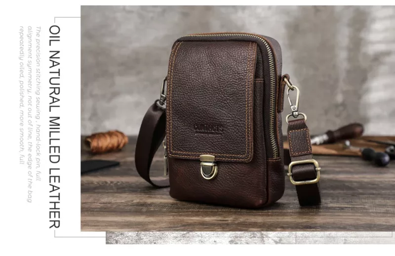 BUGOLINI Tyranus - Leather Men's Phone Bag with Shoulder Strap - For Phones Up to 6.7 Inch - Adjustable and Detachable Strap - Zipper and Magnetic Closure - 3 Pockets - Coffee - Image 15