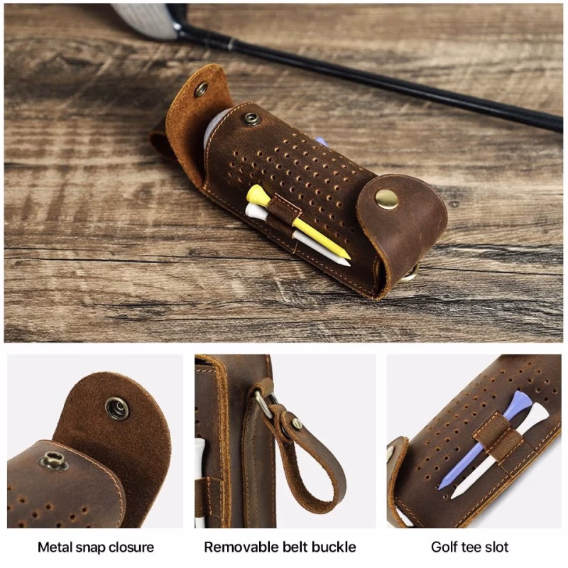 BUGOLINI Aurelia - Leather Golf Ball Portable Handbag - Holds 3 Balls - With Button Closure - With Removable Belt Buckle - 4 Golf Tee Slots - Coffee - Image 5