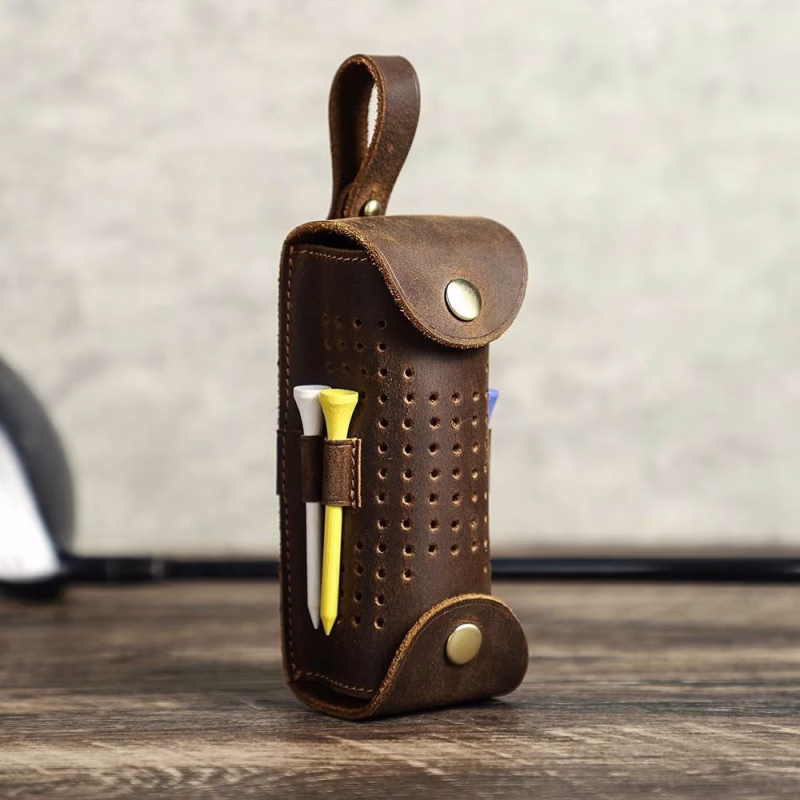 BUGOLINI Aurelia - Leather Golf Ball Portable Handbag - Holds 3 Balls - With Button Closure - With Removable Belt Buckle - 4 Golf Tee Slots - Coffee - Image 7