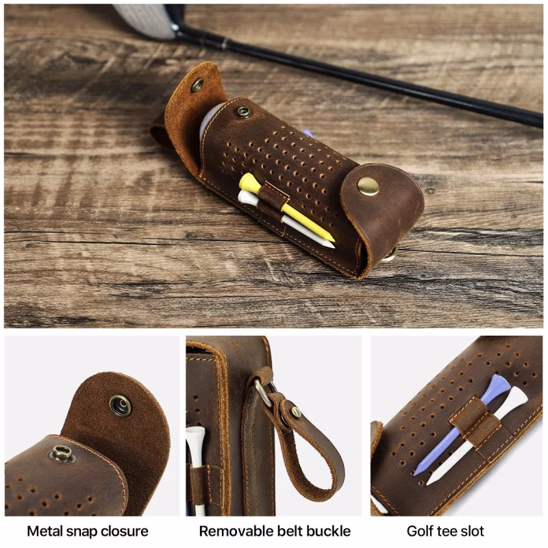 BUGOLINI Aurelia - Leather Golf Ball Portable Handbag - Holds 3 Balls - With Button Closure - With Removable Belt Buckle - 4 Golf Tee Slots - Coffee - Image 8