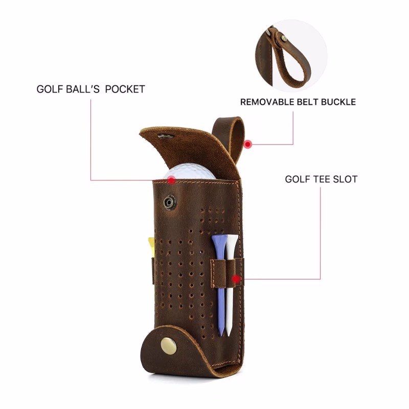 BUGOLINI Aurelia - Leather Golf Ball Portable Handbag - Holds 3 Balls - With Button Closure - With Removable Belt Buckle - 4 Golf Tee Slots - Coffee - Image 9