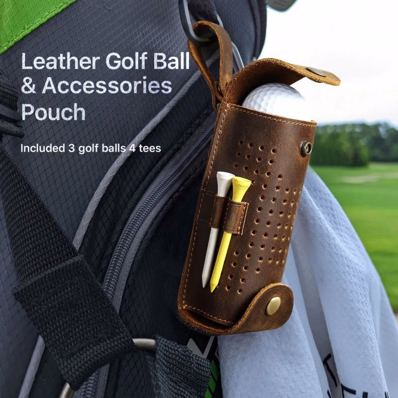 BUGOLINI Aurelia - Leather Golf Ball Portable Handbag - Holds 3 Balls - With Button Closure - With Removable Belt Buckle - 4 Golf Tee Slots - Coffee - Image 10