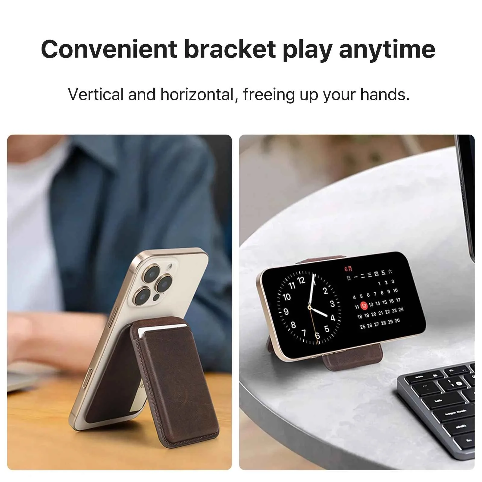 BUGOLINI Sagar – MagSafe Card Holder & Phone Stand – PU Leather – Magnetic – Holds up to 3 Cards – Compatible with MagSafe iPhones – Coffee - Image 2
