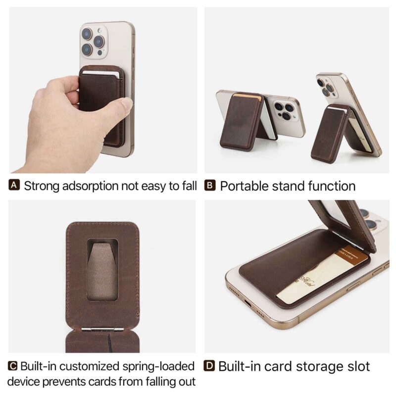 BUGOLINI Sagar – MagSafe Card Holder & Phone Stand – PU Leather – Magnetic – Holds up to 3 Cards – Compatible with MagSafe iPhones – Coffee - Image 5