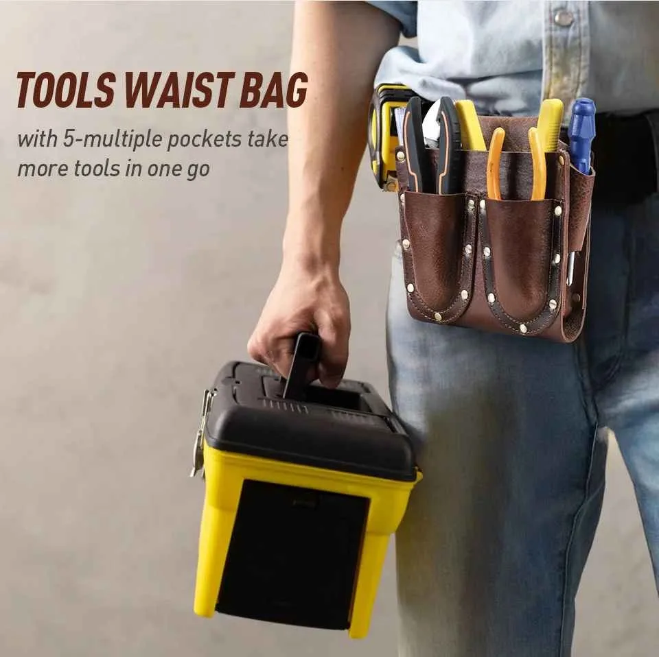 BUGOLINI Abellio - PU Leather Tool Bag - 5 Compartments - Belt Loop up to 4.5 cm - Sturdy & Durable - Coffee - Image 10