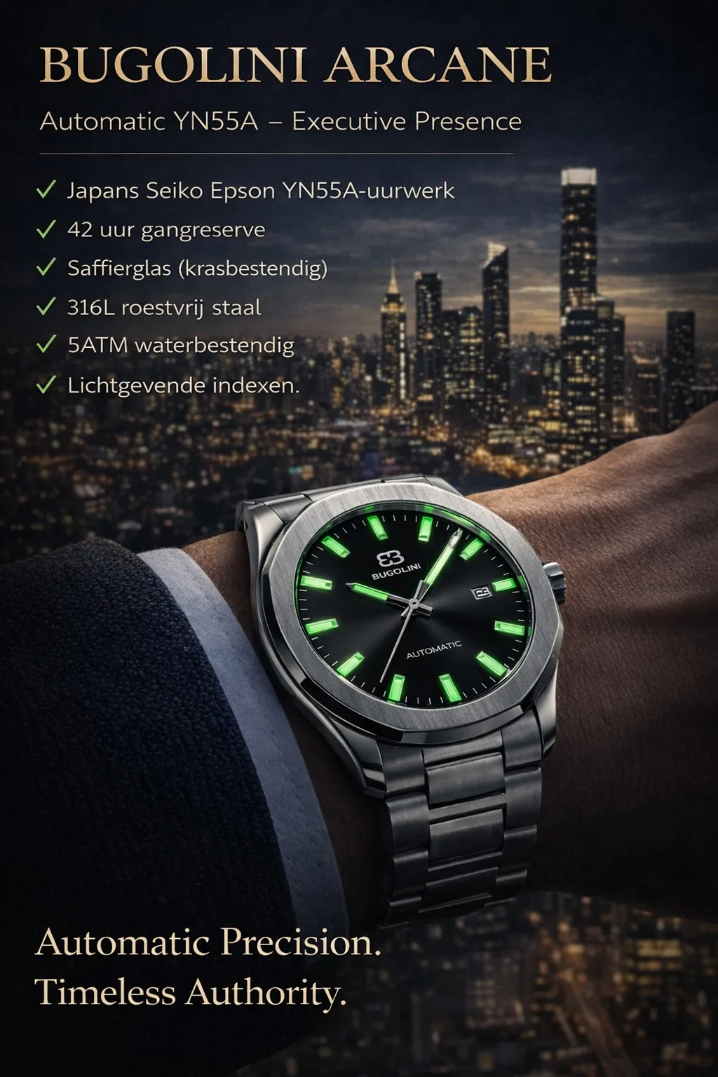 BUGOLINI Arcane – 49mm Steel Automatic Watch – Mechanical MIYOTA Movement – ​​Luminous – Waterproof – Black - Image 3