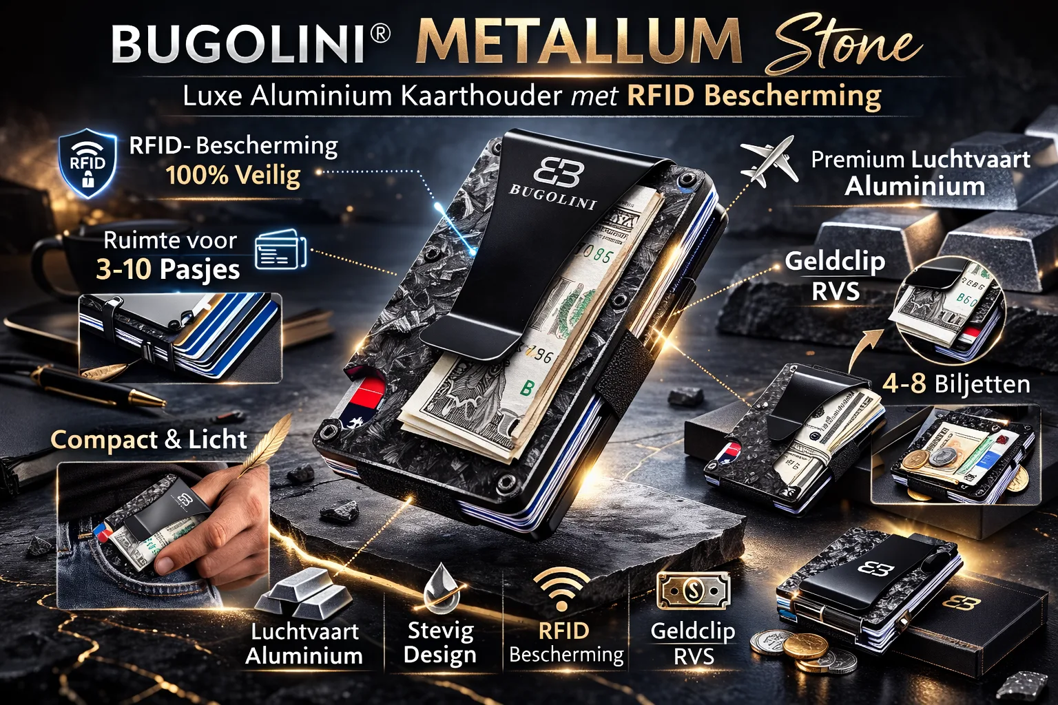 BUGOLINI® METALLUM Stone – Luxe aluminium kaarthouder met RFID – Compacte portemonnee voor mannen en vrouwen - Afbeelding 3