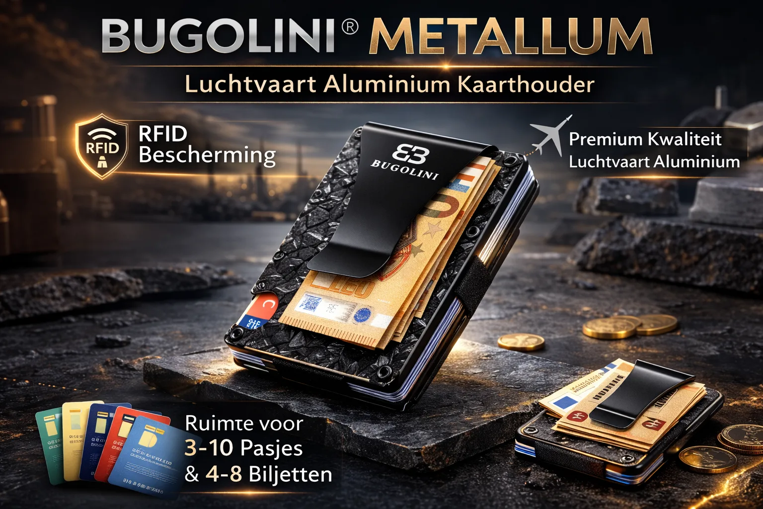 BUGOLINI® METALLUM Stone – Luxe aluminium kaarthouder met RFID – Compacte portemonnee voor mannen en vrouwen - Afbeelding 5