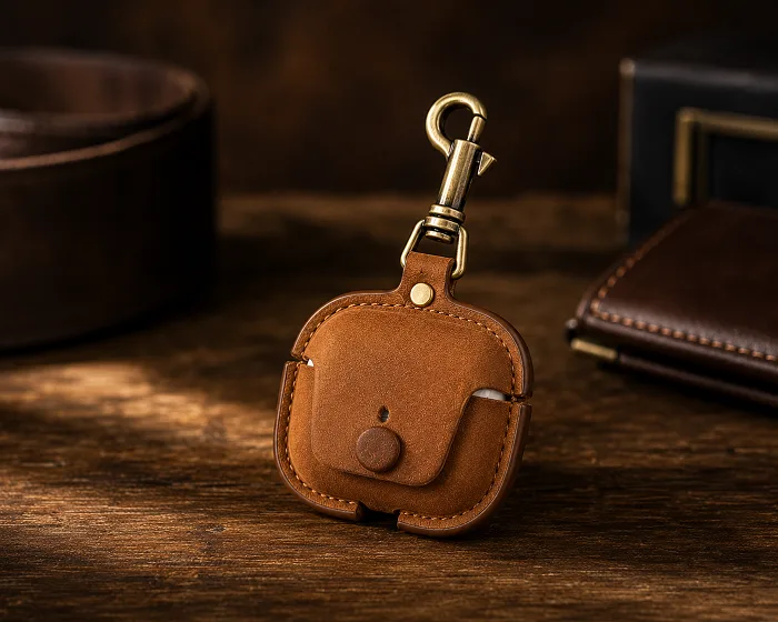 BUGOLINI Chow AirPods 3-Etui aus echtem Leder – Lederetui mit Karabinerhaken – Braun – Bild 3